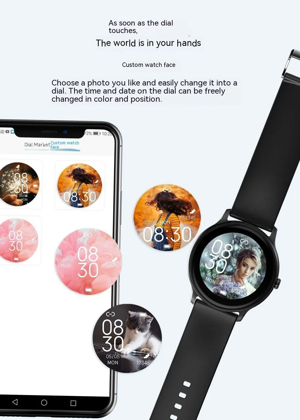 1.28-inch blood pressure health smart watch with heart rate monitor, black face, glass screen, side button