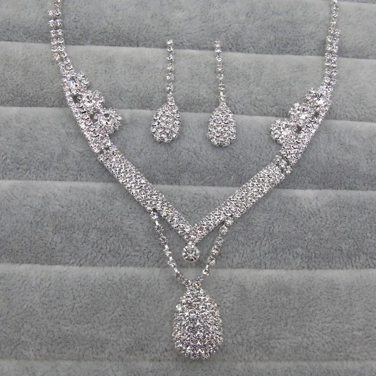 Water drop rhinestone bridal necklace and earrings set on silver tone base for weddings and formal events