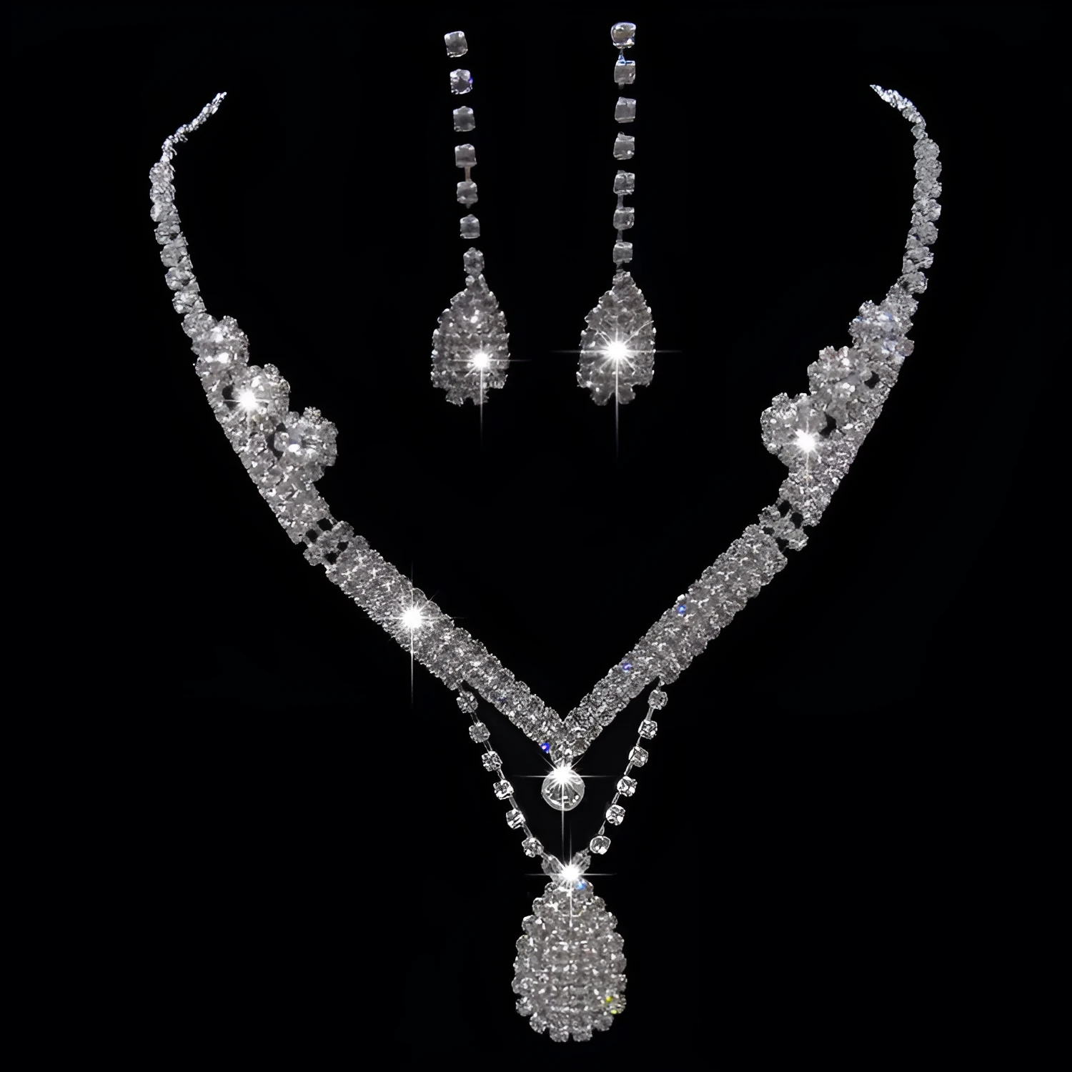 Water drop rhinestone bridal necklace and earrings set on silver tone base for weddings and formal events