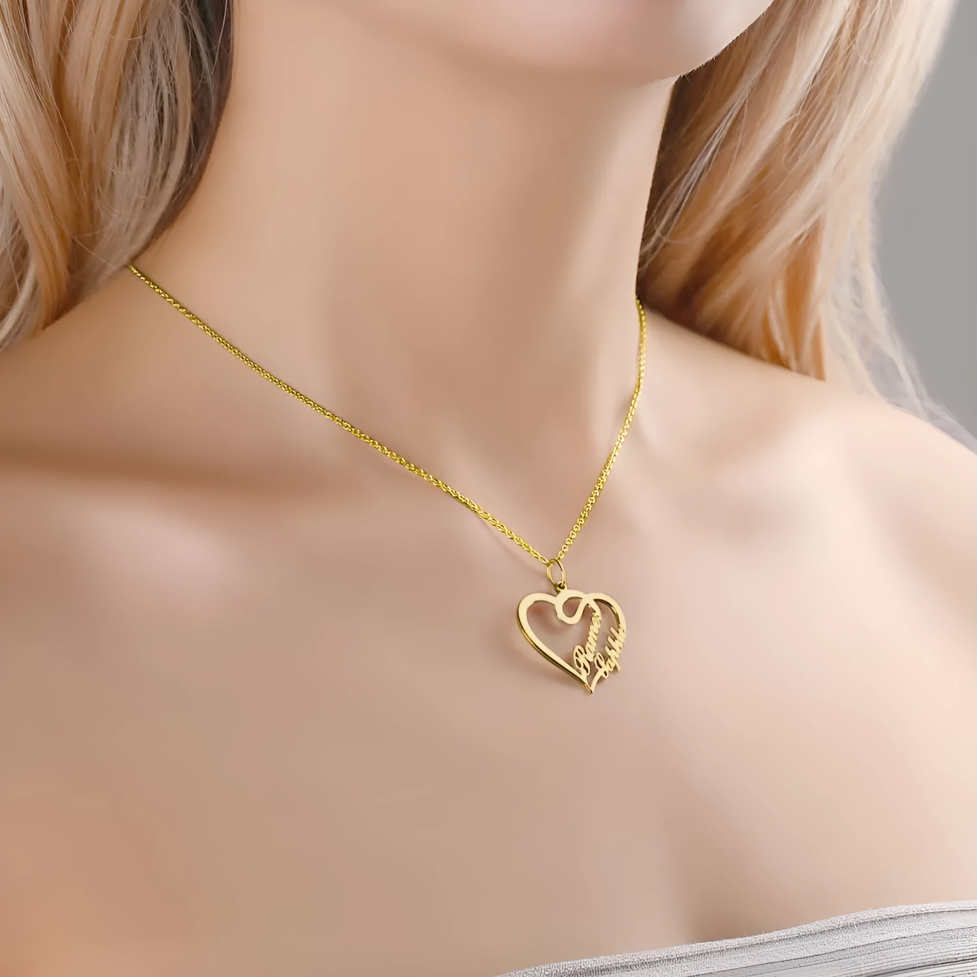 Custom heart shaped letter necklace in 925 silver with gold finish, 1mm pendant thickness