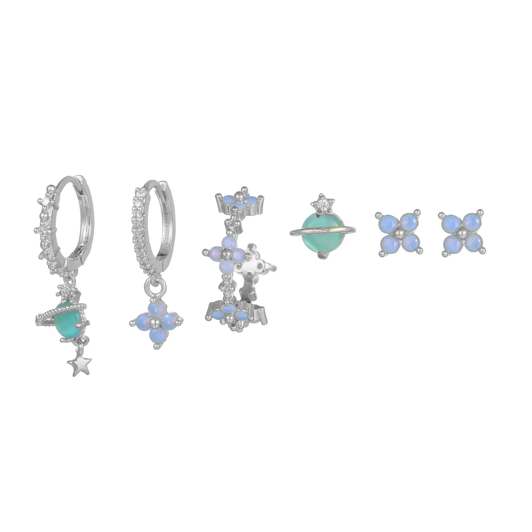 Gold and silver floral stud earrings with zircon detail in a Japanese Korean sweet girl style.