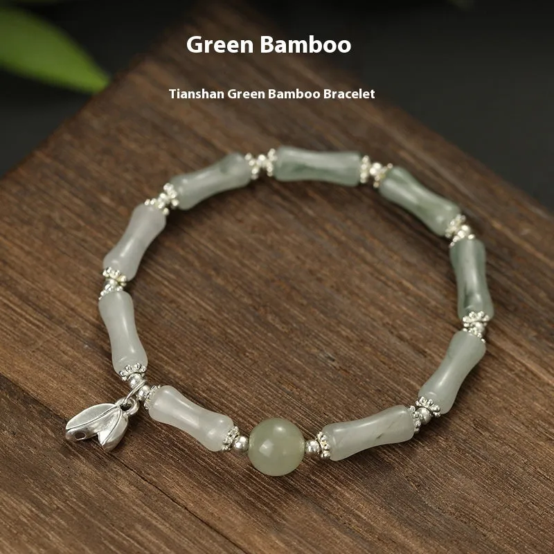Women's antique style bracelet made from Tianshan green bamboo and sterling silver with bamboo joint detailing