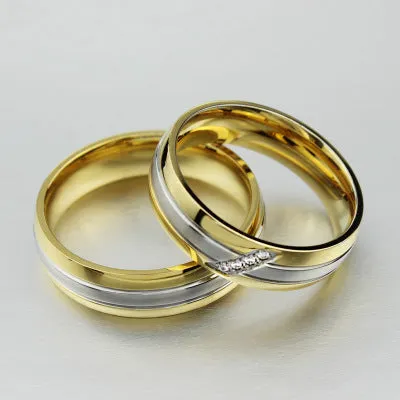 Gold titanium steel couple ring with micro inlay geometric design and diamond accent