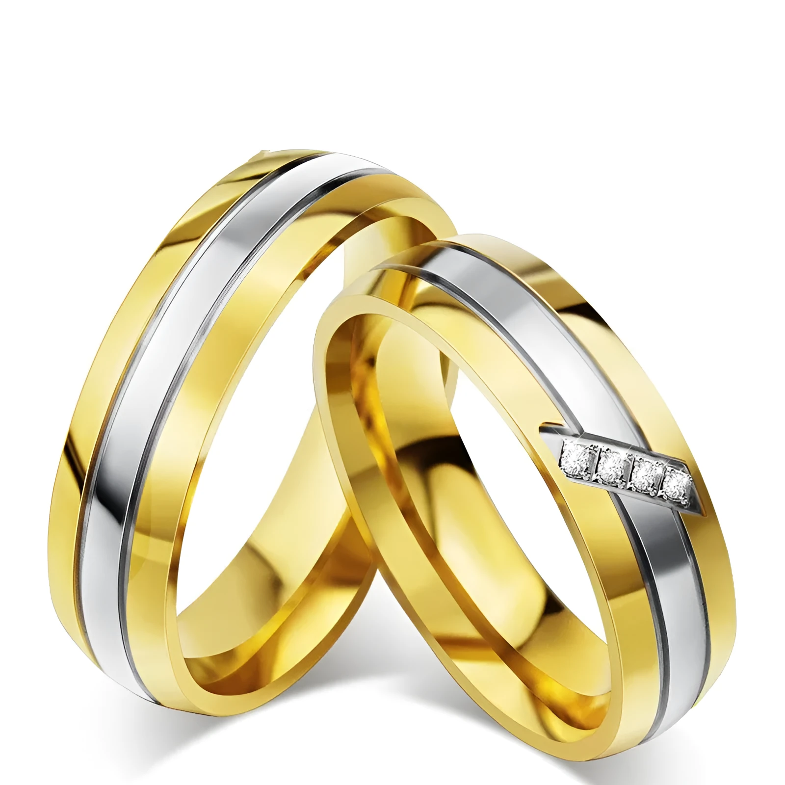 Gold titanium steel couple ring with micro inlay geometric design and diamond accent