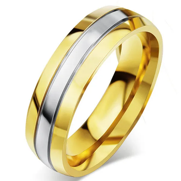 Gold titanium steel couple ring with micro inlay geometric design and diamond accent