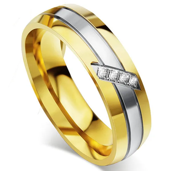 Gold titanium steel couple ring with micro inlay geometric design and diamond accent