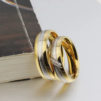 Gold titanium steel couple ring with micro inlay geometric design and diamond accent