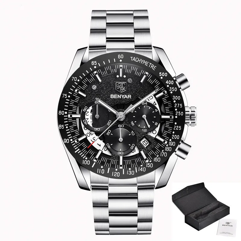 Quartz watch luminous display calendar date 45mm stainless steel strap round alloy case mineral glass