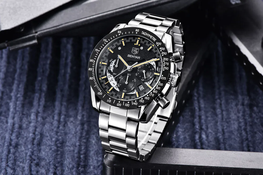 Quartz watch luminous display calendar date 45mm stainless steel strap round alloy case mineral glass