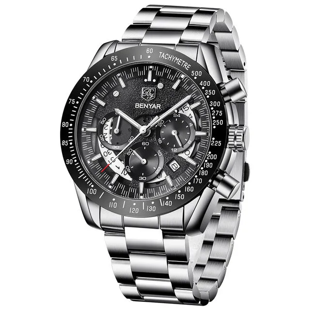 Quartz watch luminous display calendar date 45mm stainless steel strap round alloy case mineral glass