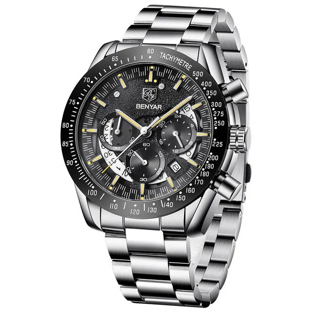 Quartz watch luminous display calendar date 45mm stainless steel strap round alloy case mineral glass