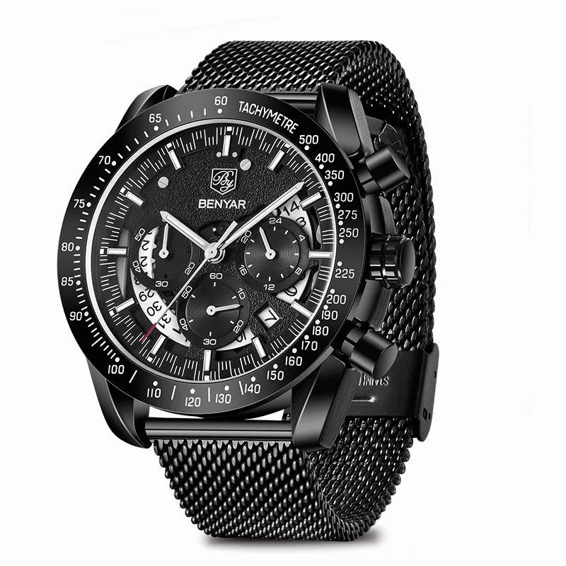 Quartz watch luminous display calendar date 45mm stainless steel strap round alloy case mineral glass