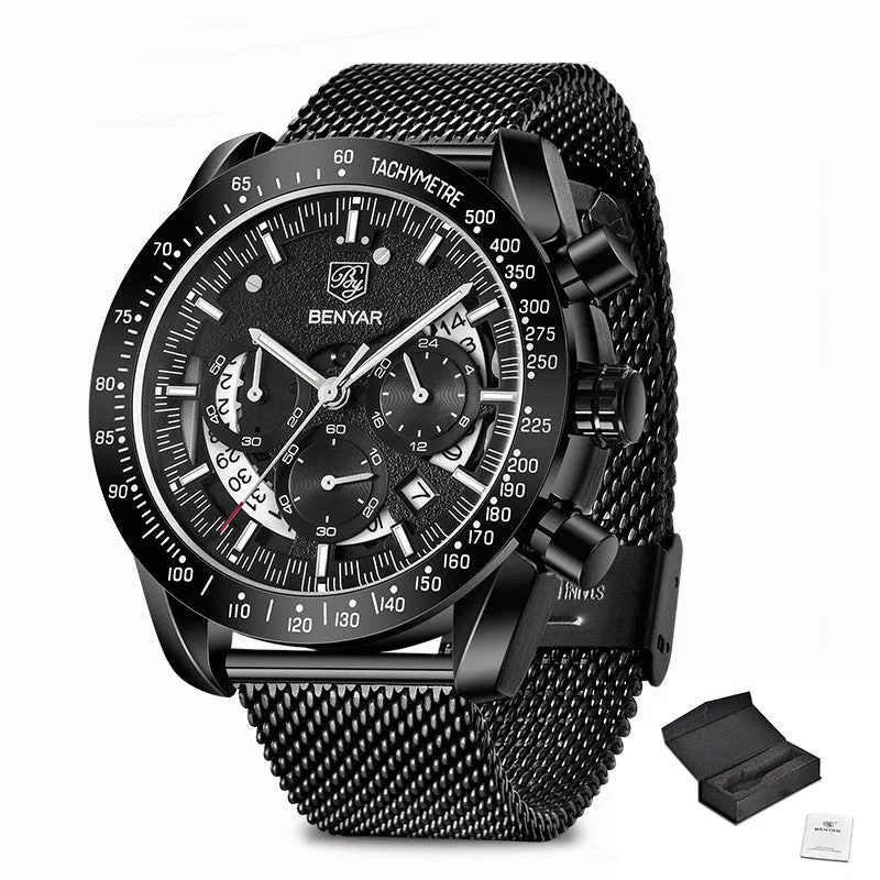 Quartz watch luminous display calendar date 45mm stainless steel strap round alloy case mineral glass