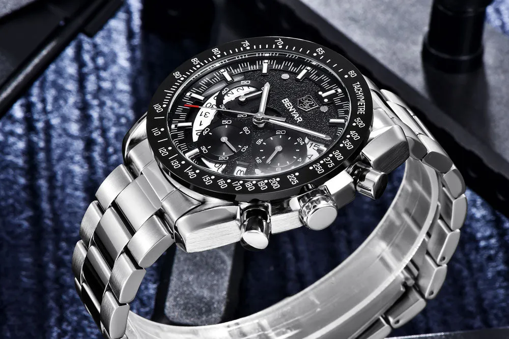 Quartz watch luminous display calendar date 45mm stainless steel strap round alloy case mineral glass
