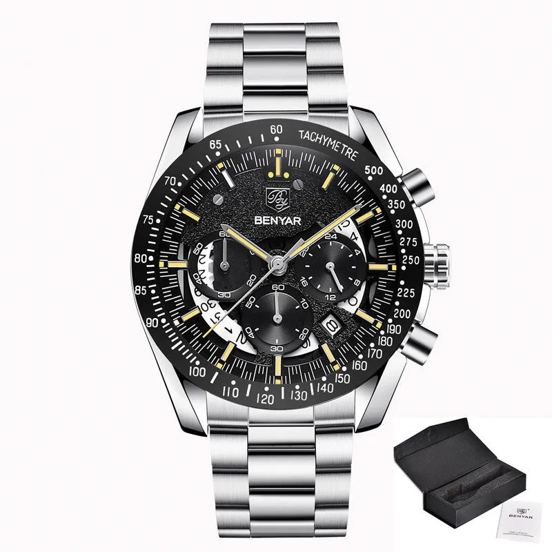 Quartz watch luminous display calendar date 45mm stainless steel strap round alloy case mineral glass