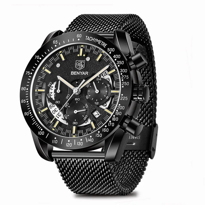 Quartz watch luminous display calendar date 45mm stainless steel strap round alloy case mineral glass