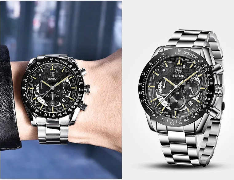 Quartz watch luminous display calendar date 45mm stainless steel strap round alloy case mineral glass