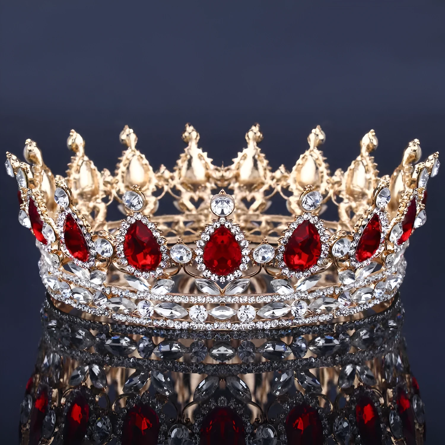 Baroque bridal crown headdress with rhinestones on alloy base, 12.5cm diameter, 5cm height in gold finish