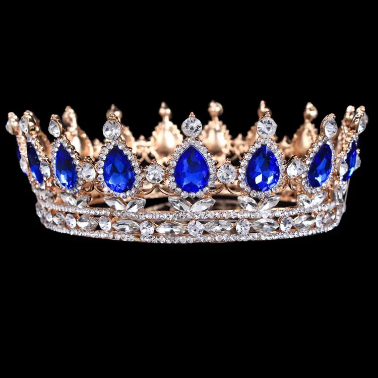 Baroque bridal crown headdress with rhinestones on alloy base, 12.5cm diameter, 5cm height in gold finish