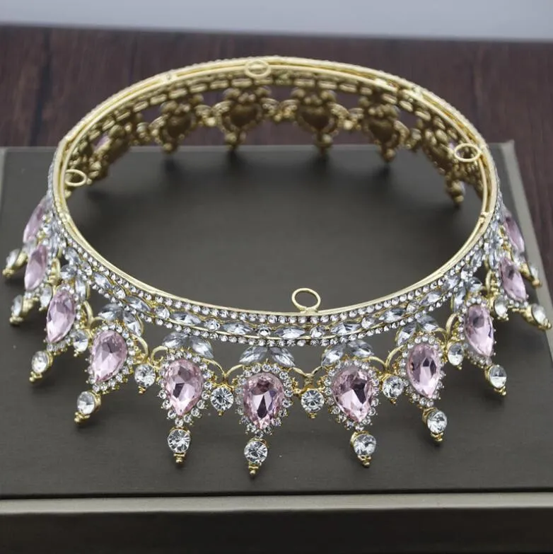Baroque bridal crown headdress with rhinestones on alloy base, 12.5cm diameter, 5cm height in gold finish