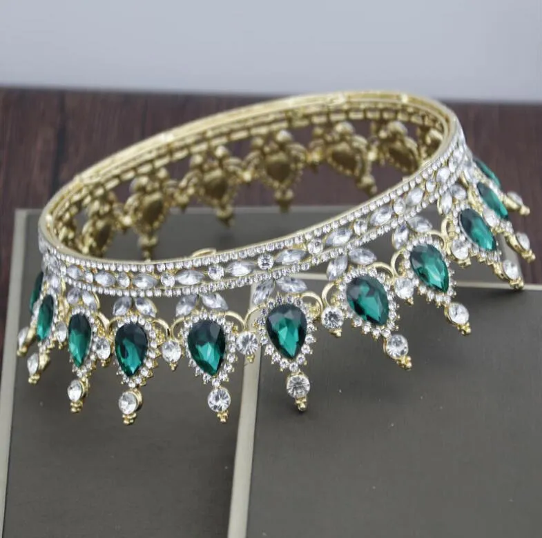 Baroque bridal crown headdress with rhinestones on alloy base, 12.5cm diameter, 5cm height in gold finish