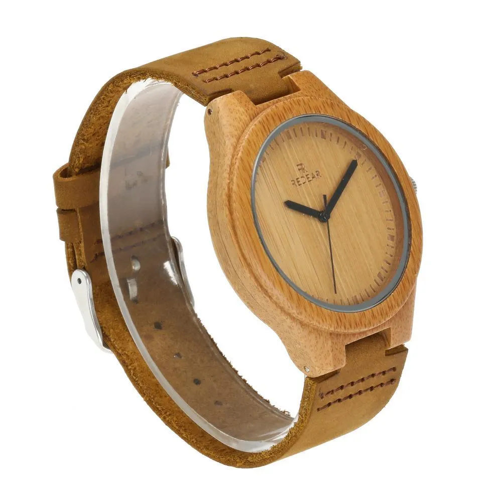 Couples wooden watch with bamboo case, leather strap, round 45mm dial, and mineral glass face