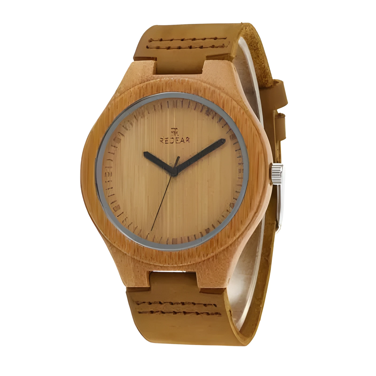 Couples wooden watch with bamboo case, leather strap, round 45mm dial, and mineral glass face