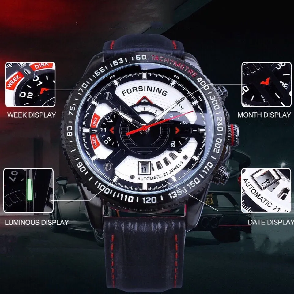 Automatic mechanical watch with black dial, genuine leather strap, and calendar window on a 45mm alloy case