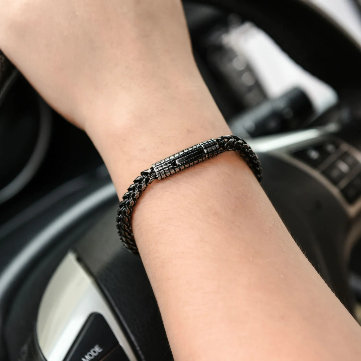Custom stainless steel vintage mens bracelet with retro colour finish, 22.3 cm length, 30 g weight, on neutral background