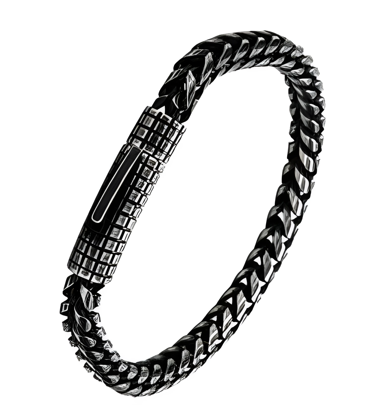 Custom stainless steel vintage mens bracelet with retro colour finish, 22.3 cm length, 30 g weight, on neutral background
