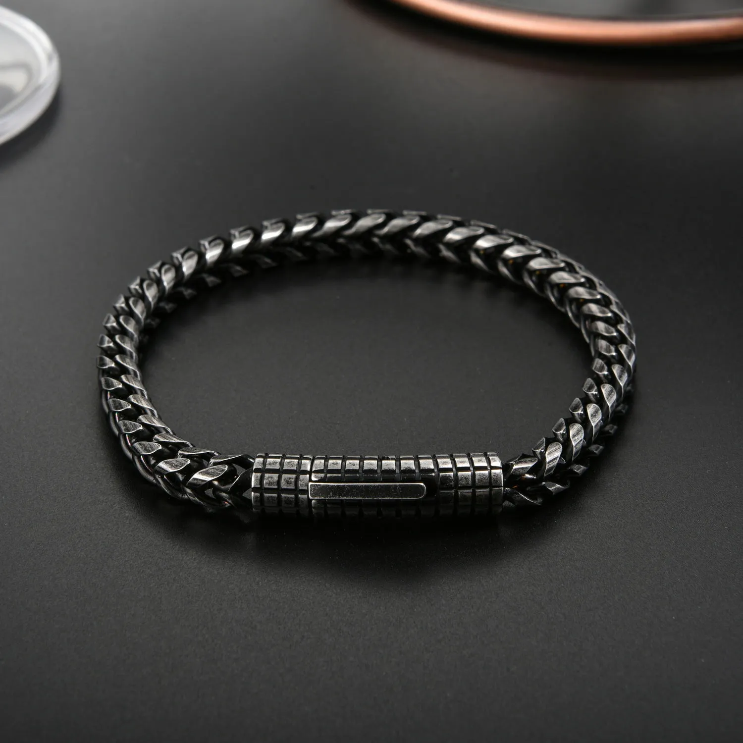 Custom stainless steel vintage mens bracelet with retro colour finish, 22.3 cm length, 30 g weight, on neutral background