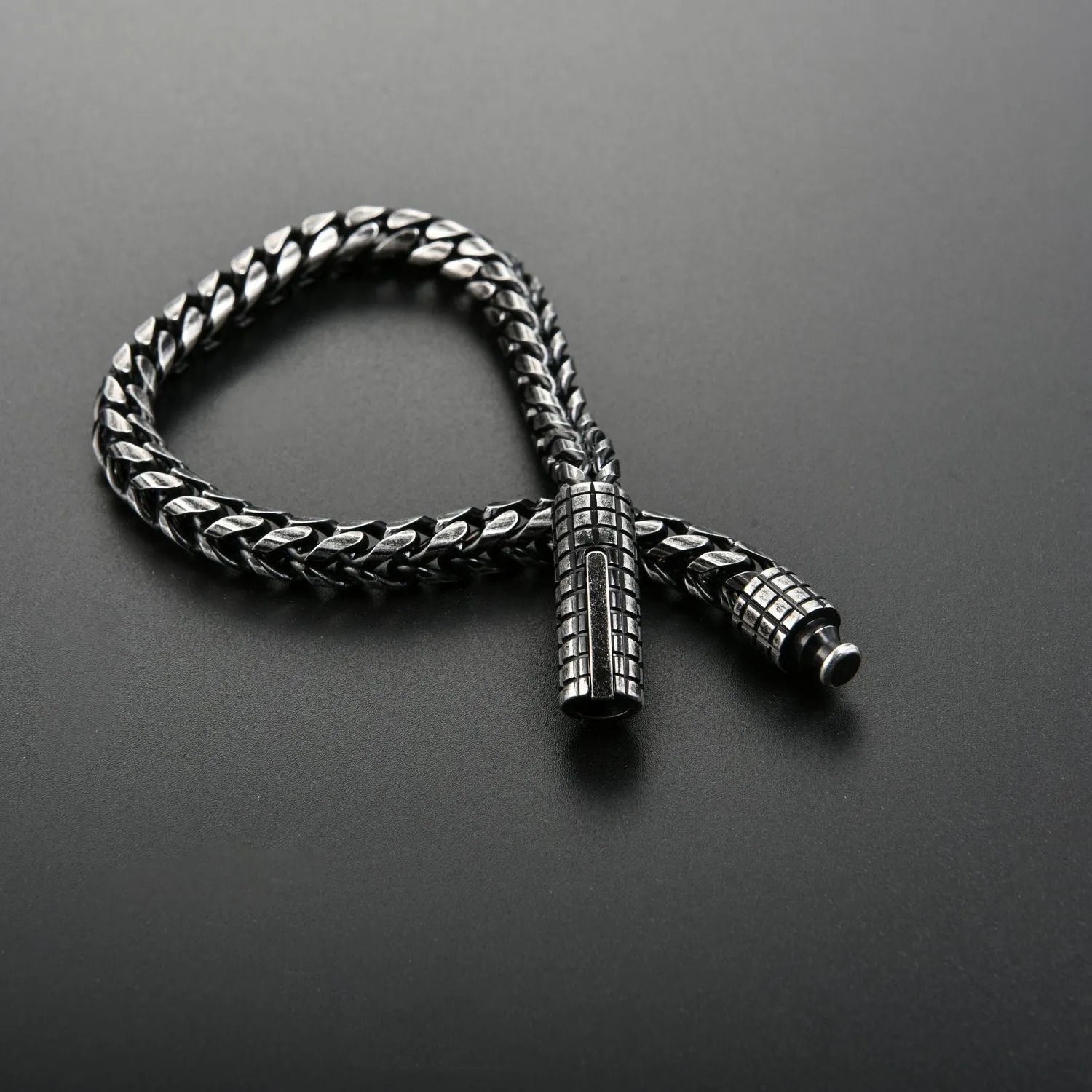 Custom stainless steel vintage mens bracelet with retro colour finish, 22.3 cm length, 30 g weight, on neutral background