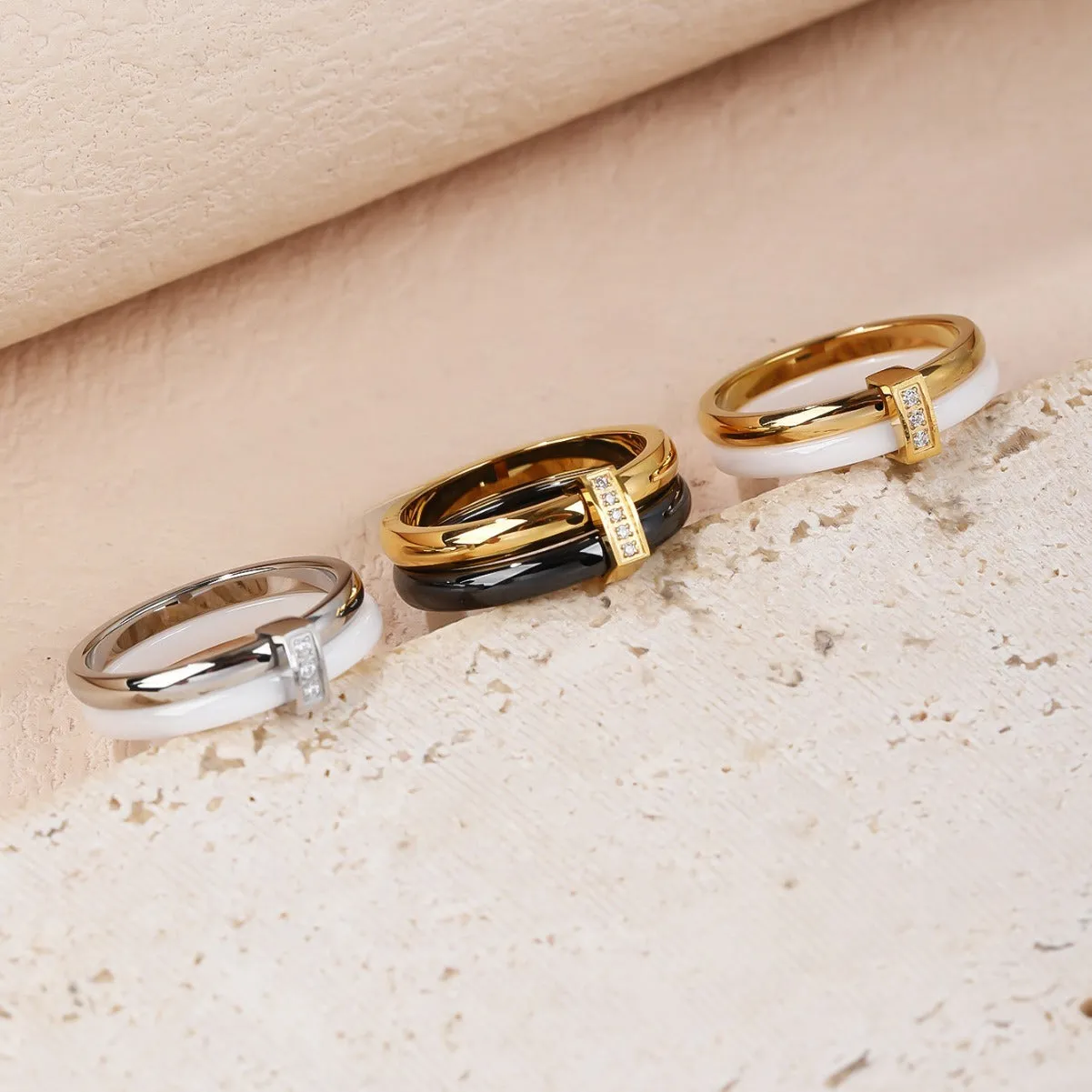 Women's titanium steel heart shape double ring with glossy stitching and zirconium inlay