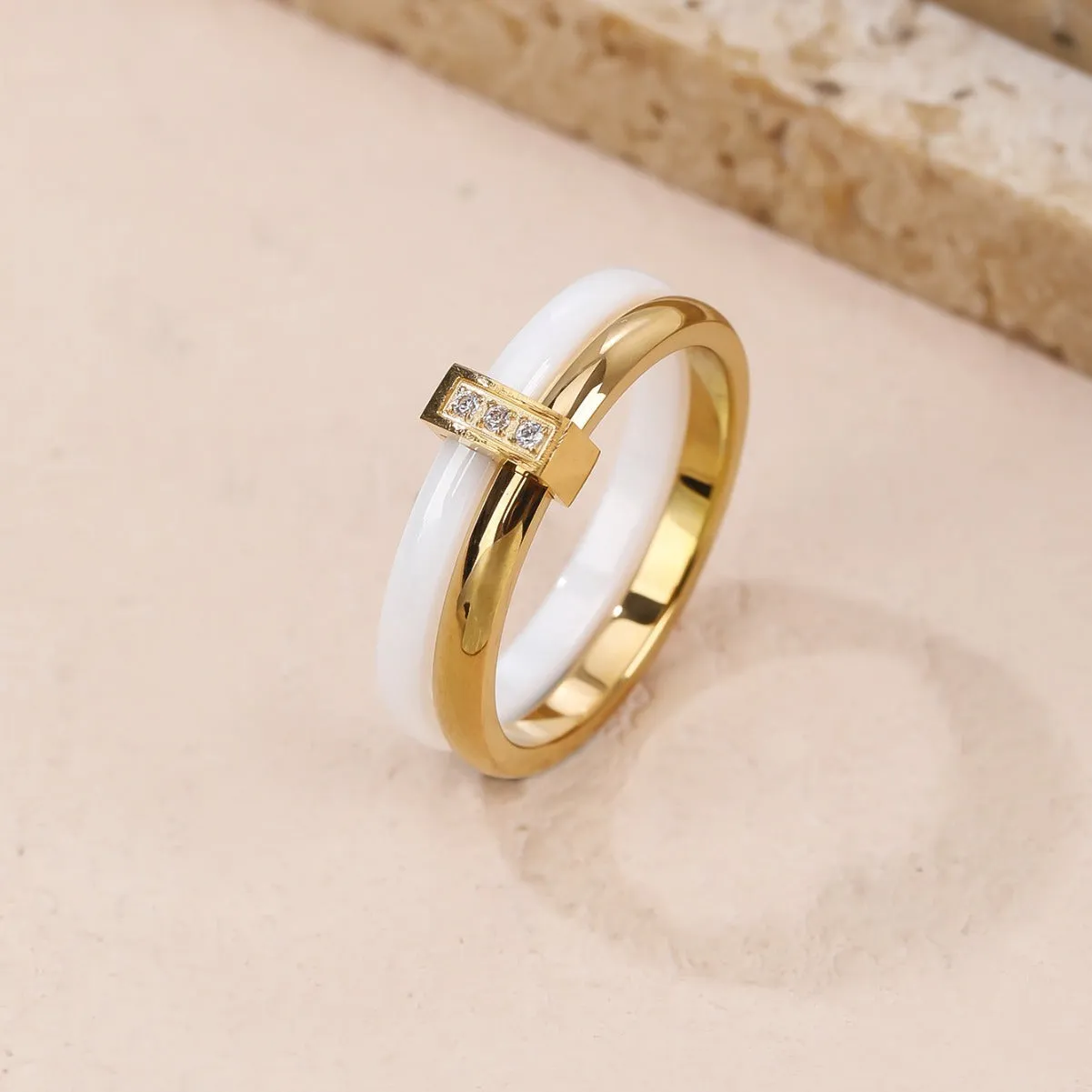 Women's titanium steel heart shape double ring with glossy stitching and zirconium inlay