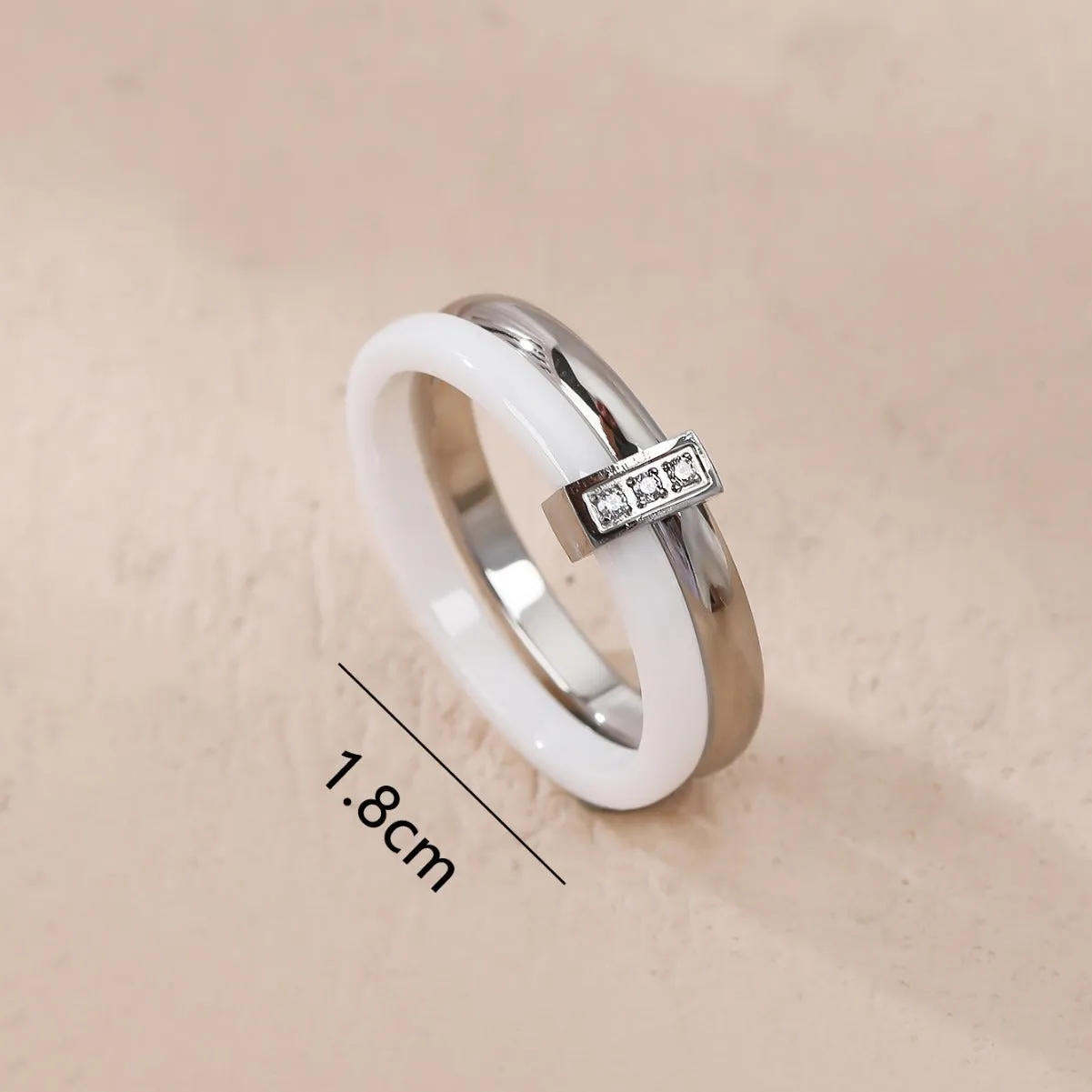 Women's titanium steel heart shape double ring with glossy stitching and zirconium inlay