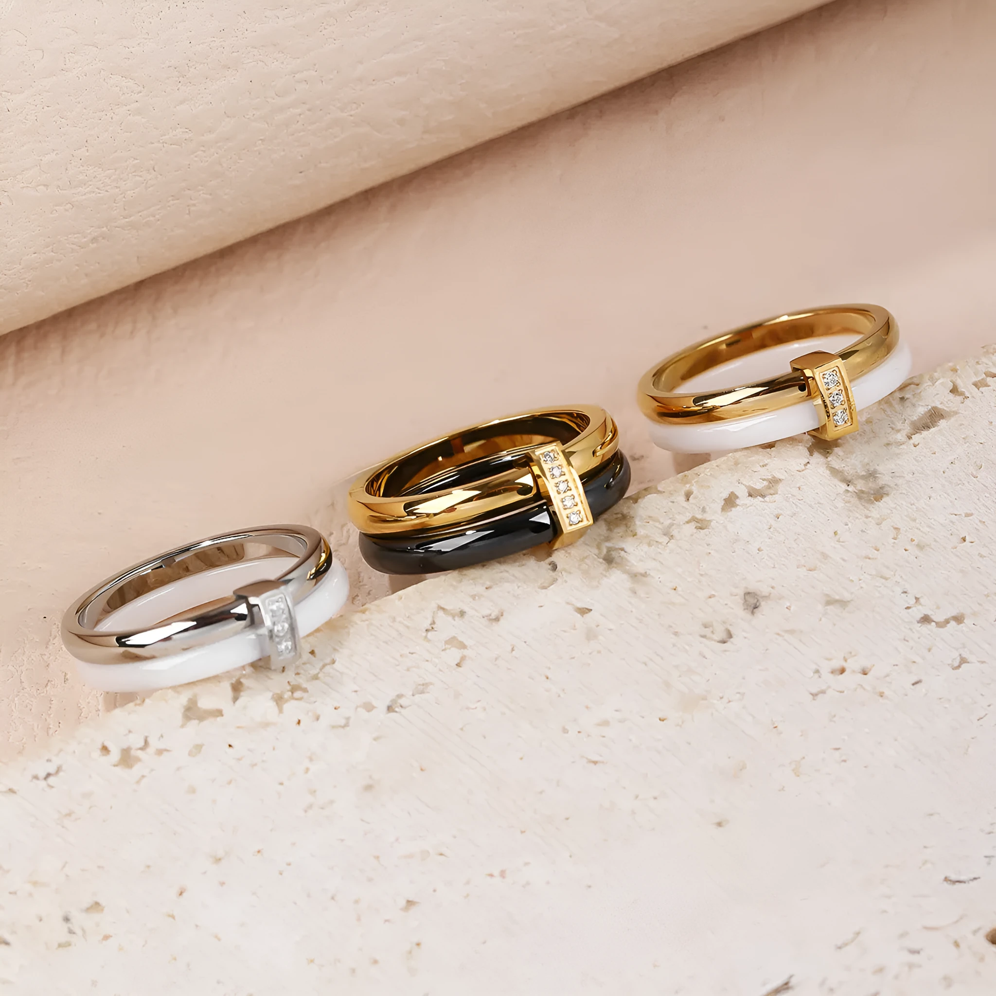 Women's titanium steel heart shape double ring with glossy stitching and zirconium inlay