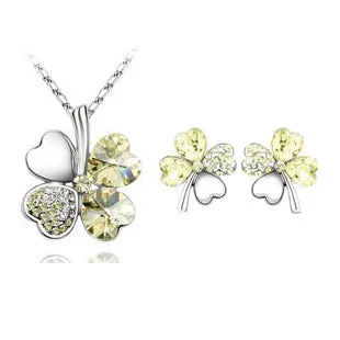 Four-leaf clover crystal necklace and earrings set for women, alloy with artificial gems, ten colour options.