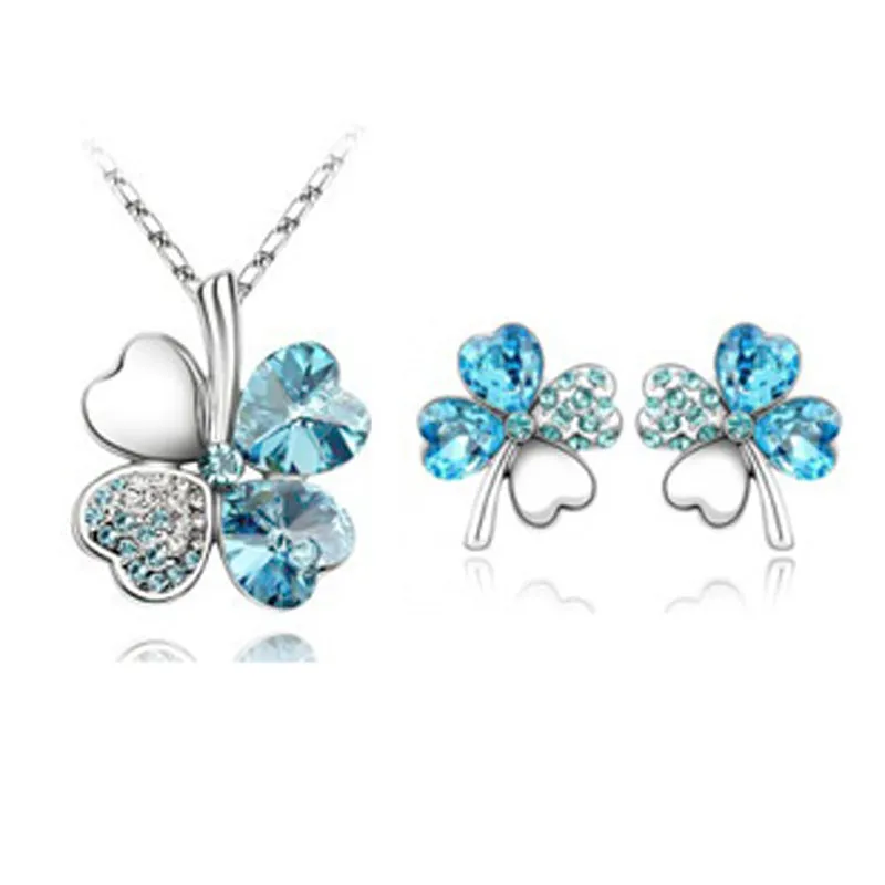 Four-leaf clover crystal necklace and earrings set for women, alloy with artificial gems, ten colour options.