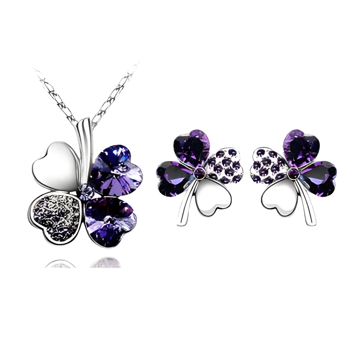 Four-leaf clover crystal necklace and earrings set for women, alloy with artificial gems, ten colour options.