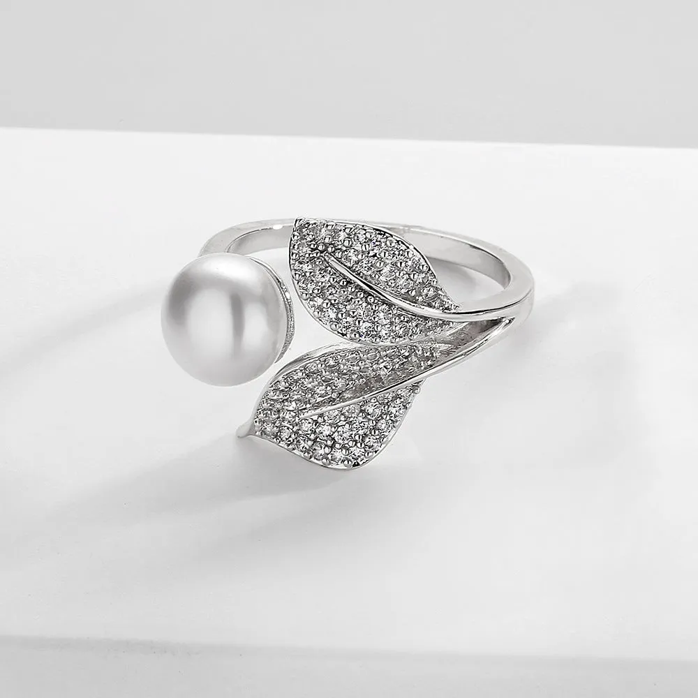 Exquisite Leaf Zircon Open Ring with silver-tone leaf motif and cubic zirconia stones on adjustable band
