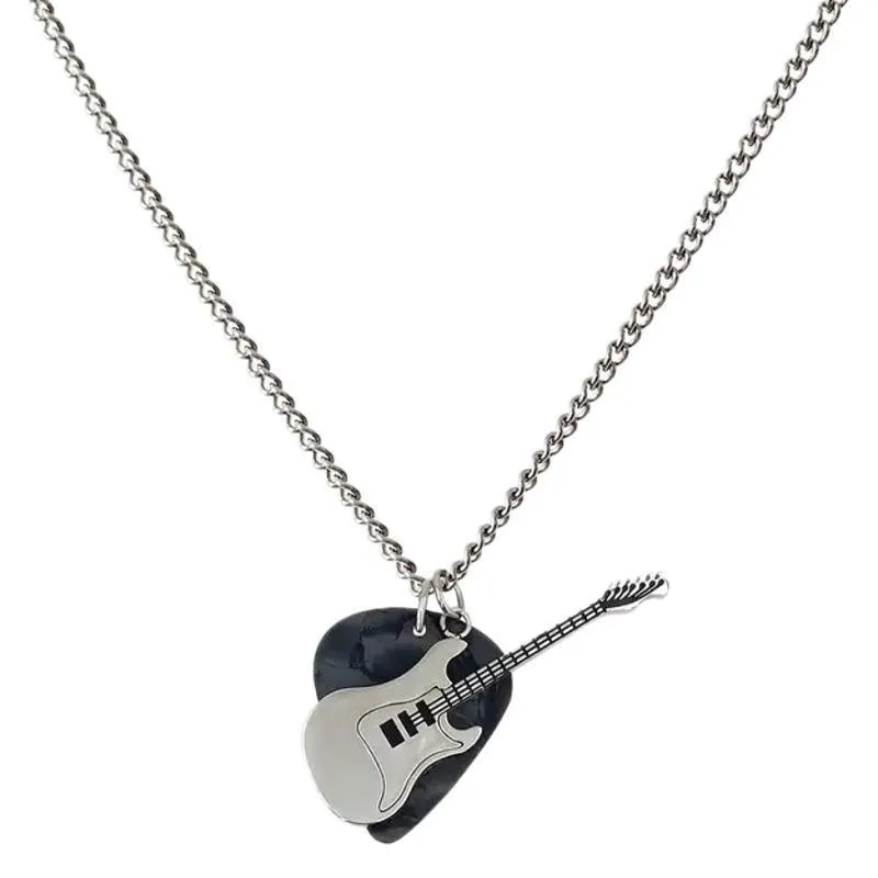 Black guitar pendant necklace in titanium steel on box chain, lithographic finish, women's punk rock style accessory.