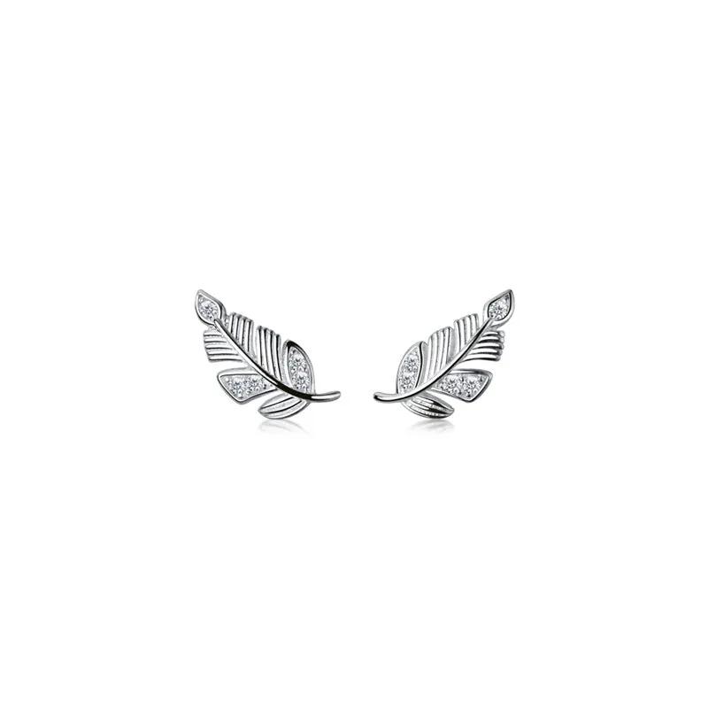 Copper willow leaf stud earrings with micro-inlaid leaf detailing, rose gold or white gold finish, side view on white background