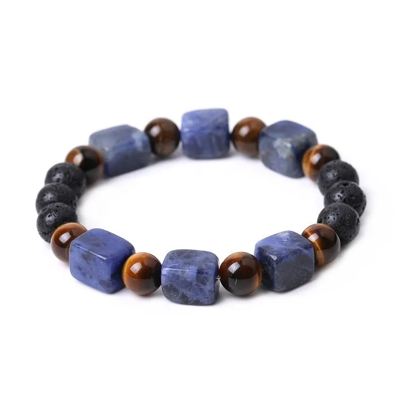 Square amethyst volcanic stone bracelet with rectangular blue stones on wrist