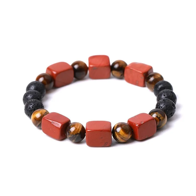 Square amethyst volcanic stone bracelet with rectangular blue stones on wrist