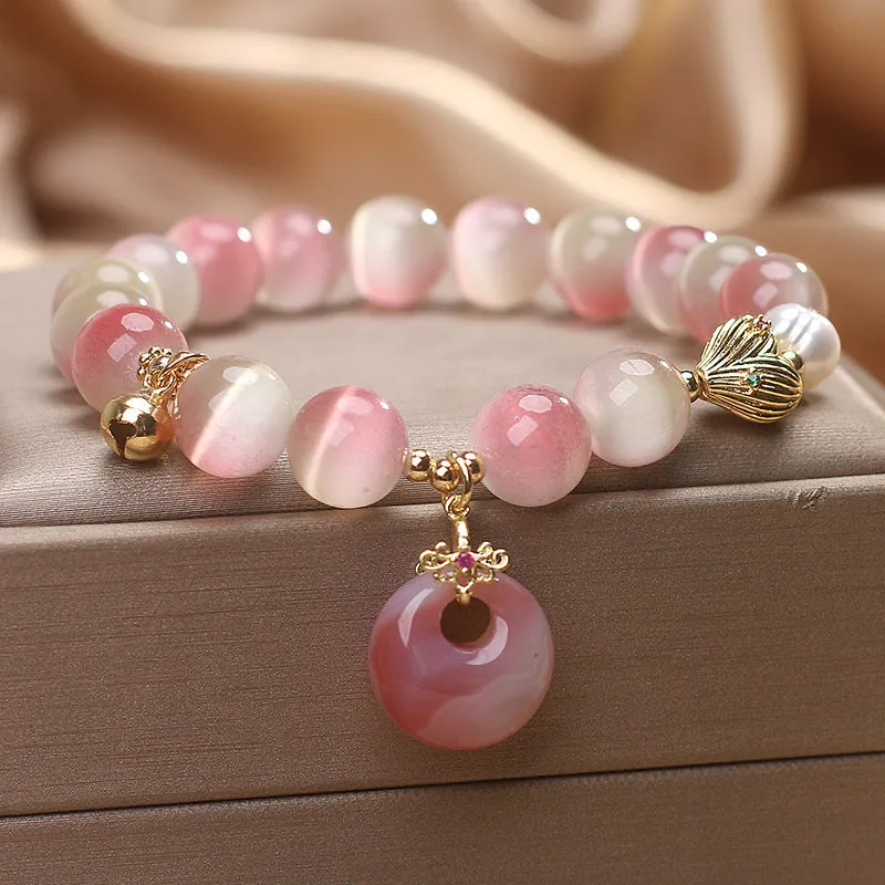 Natural gradient opal agate bracelet for women with pink stones and safety buckle pendant