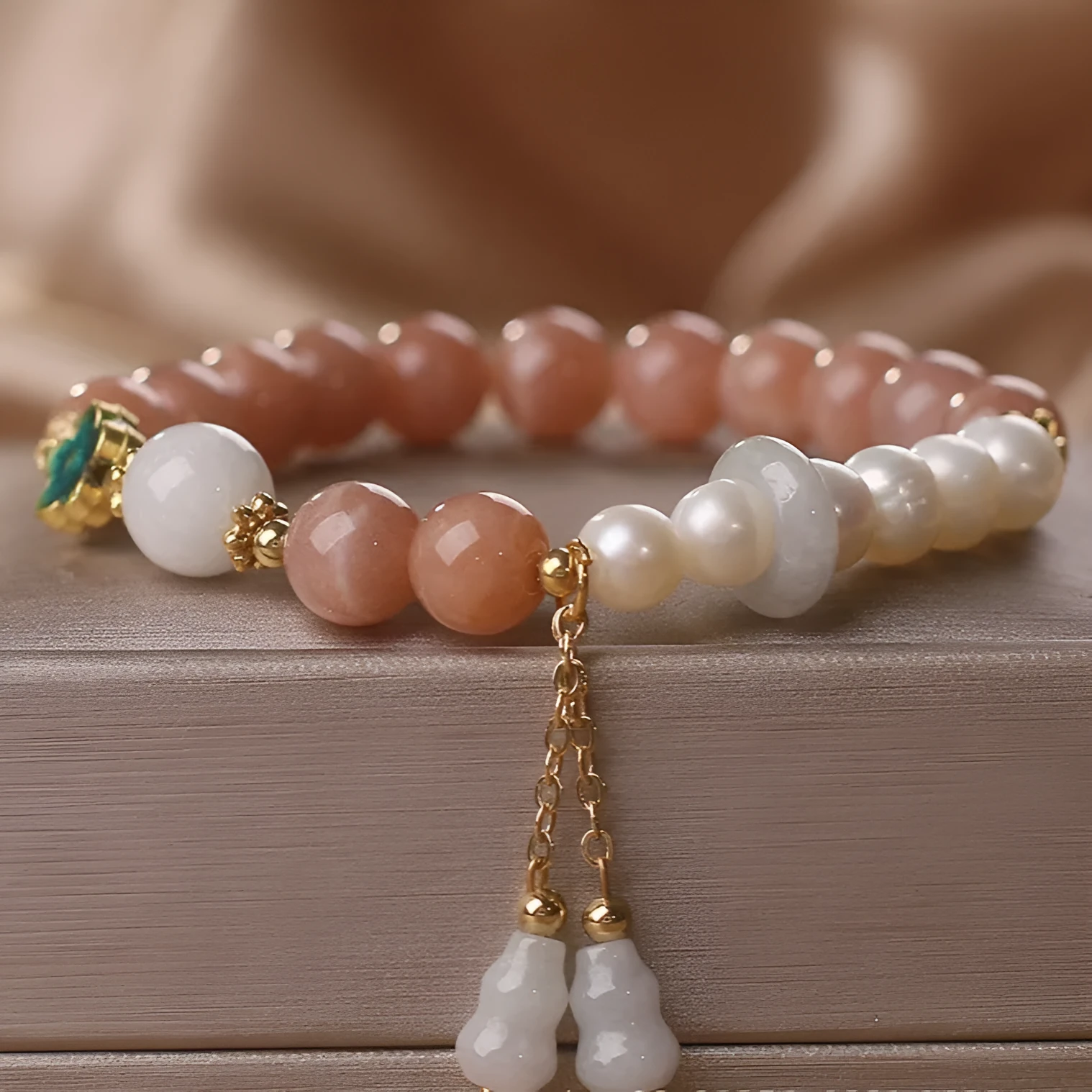 Natural sunstone bracelet with orange sunstone jade calabash pendant and moonstone beads on display