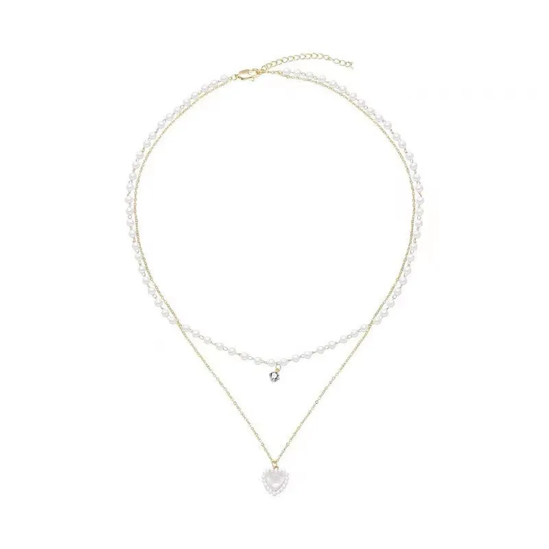 Gold electroplated heart-shaped double-layer necklace on woman, zinc alloy, adjustable 21-50 cm circumference
