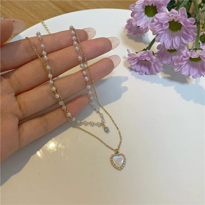 Gold electroplated heart-shaped double-layer necklace on woman, zinc alloy, adjustable 21-50 cm circumference