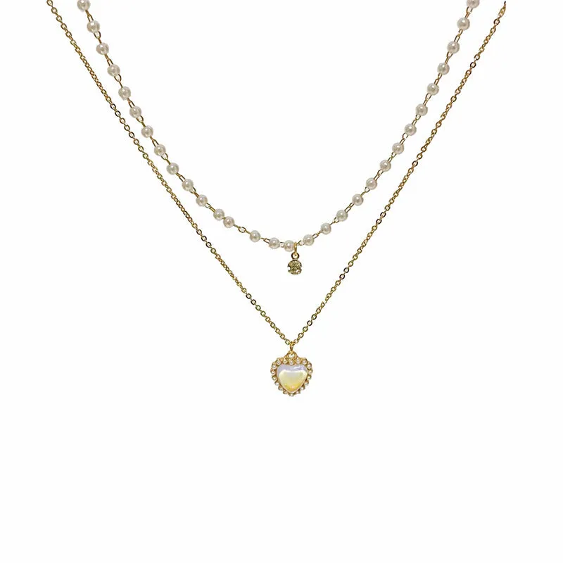 Gold electroplated heart-shaped double-layer necklace on woman, zinc alloy, adjustable 21-50 cm circumference