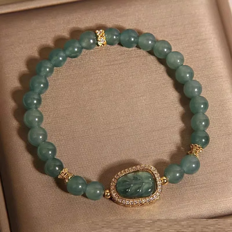 New Chinese style blue water jade bracelet with leaf pendant for women, light luxury design